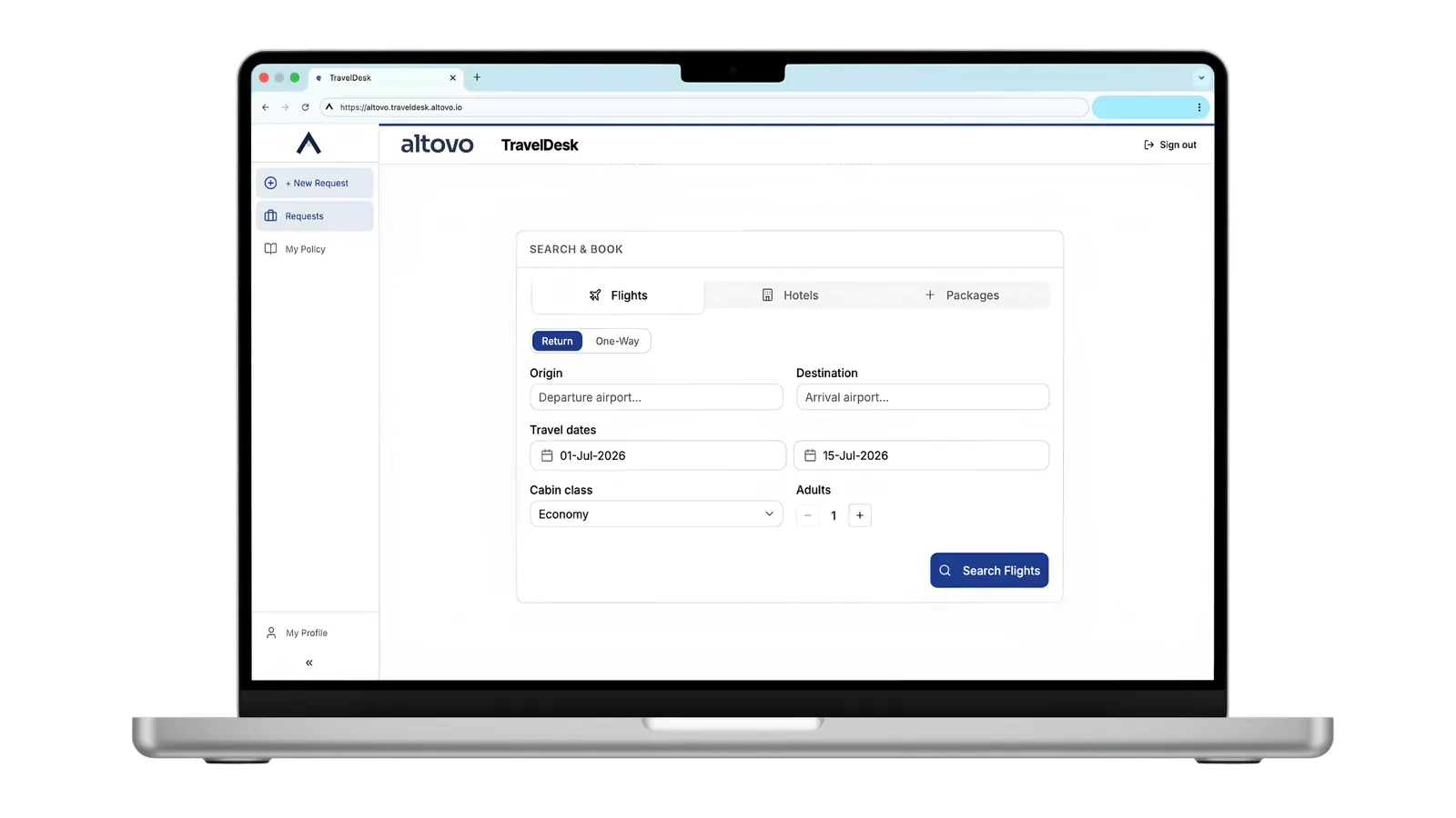altovo TravelDesk corporate booking portal with flight, hotel and package search
