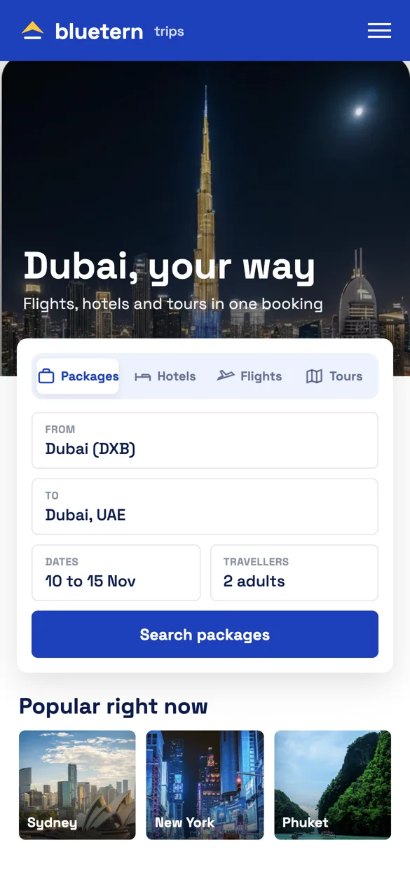 Example agency booking site, bluetern trips