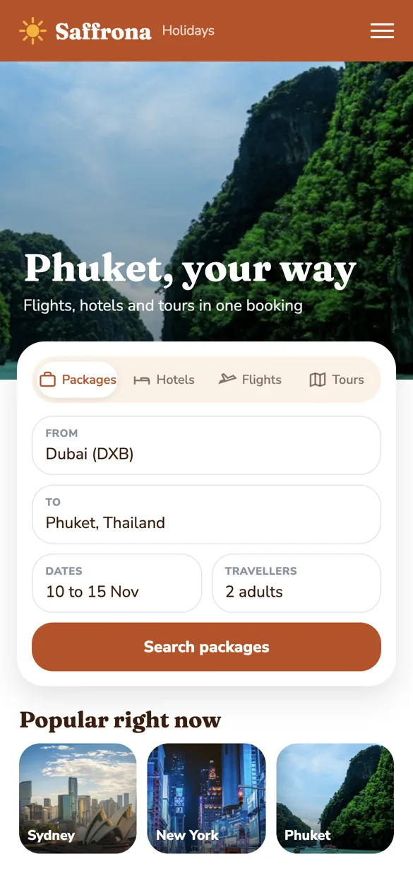 Example agency booking site, Saffrona Holidays