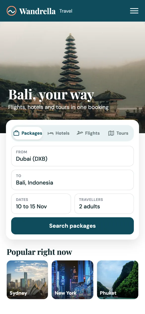 Example agency booking site, Wandrella Travel