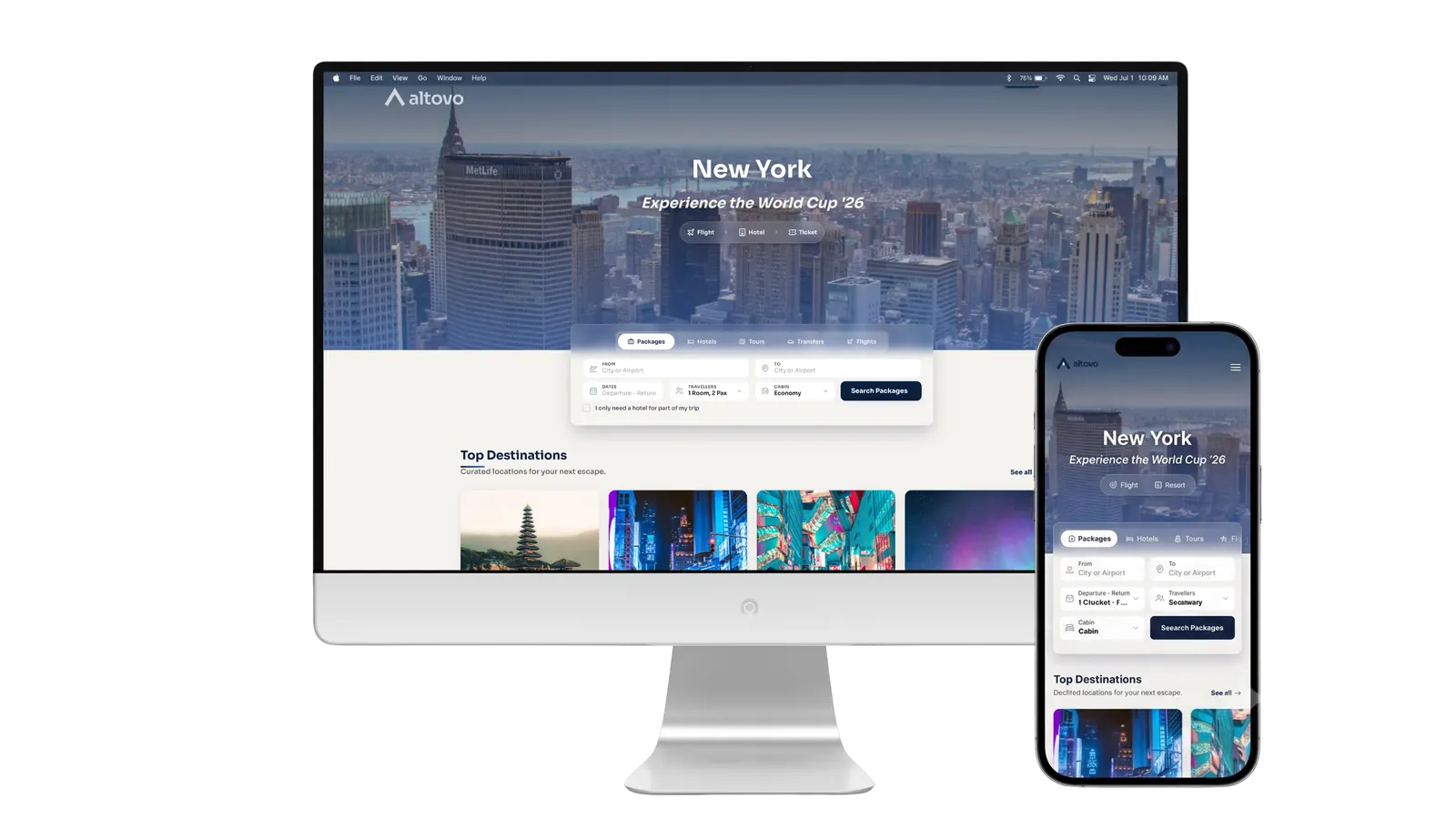altovo branded booking storefront on desktop and mobile showing packages, hotels and tours
