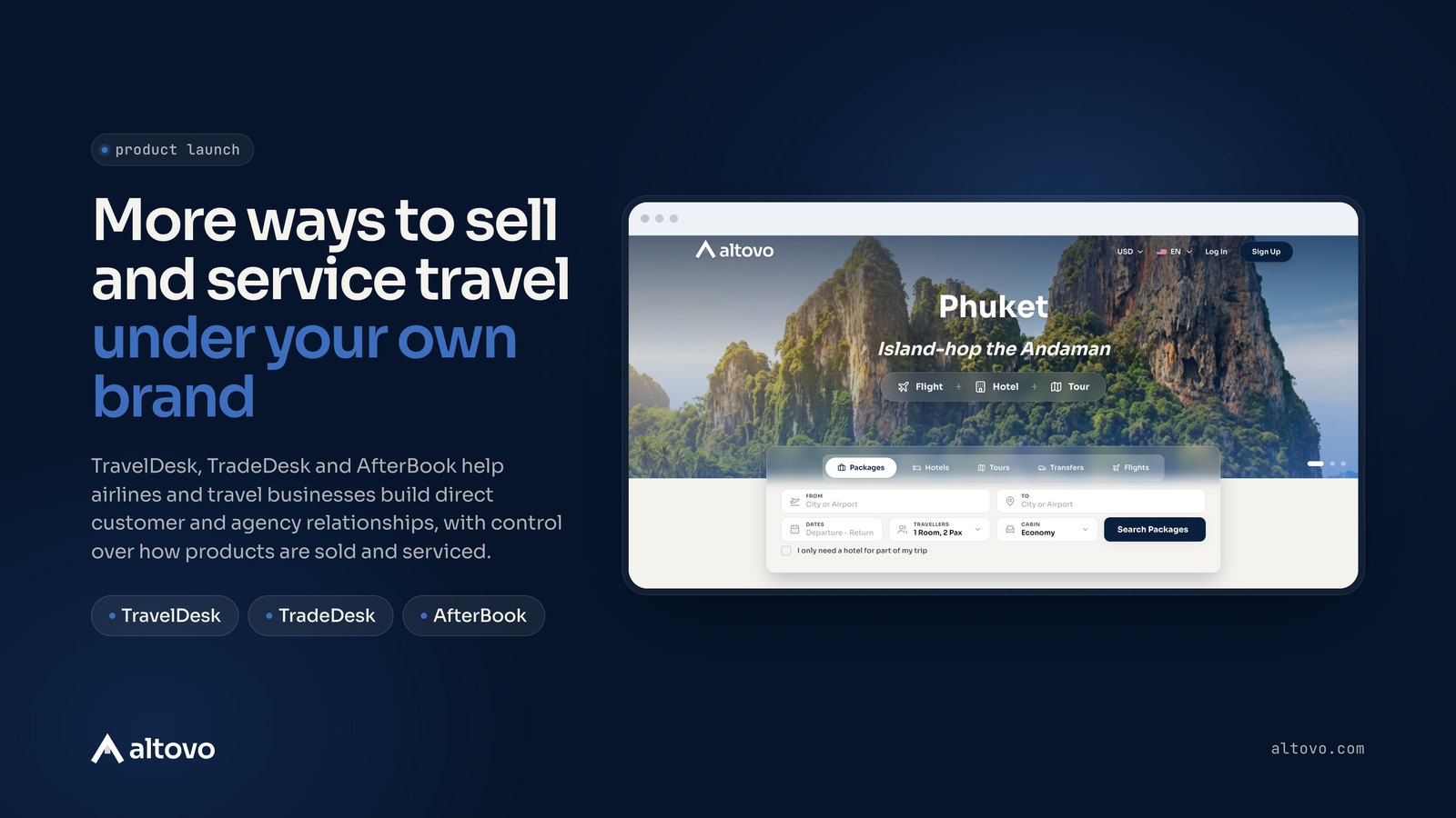 altovo storefront on a laptop screen beside the headline: more ways to sell and service travel under your own brand