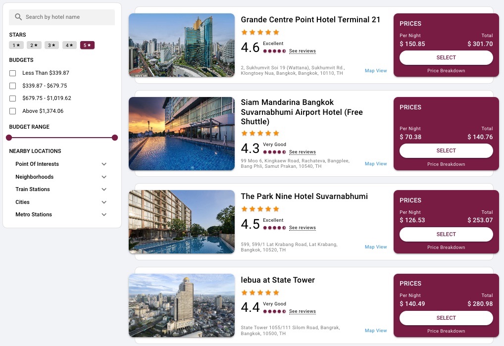 Hotel search results