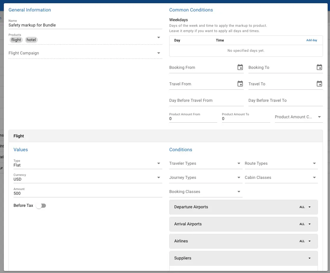 Markup rules dashboard showing per-product, per-destination and per-agent rate controls